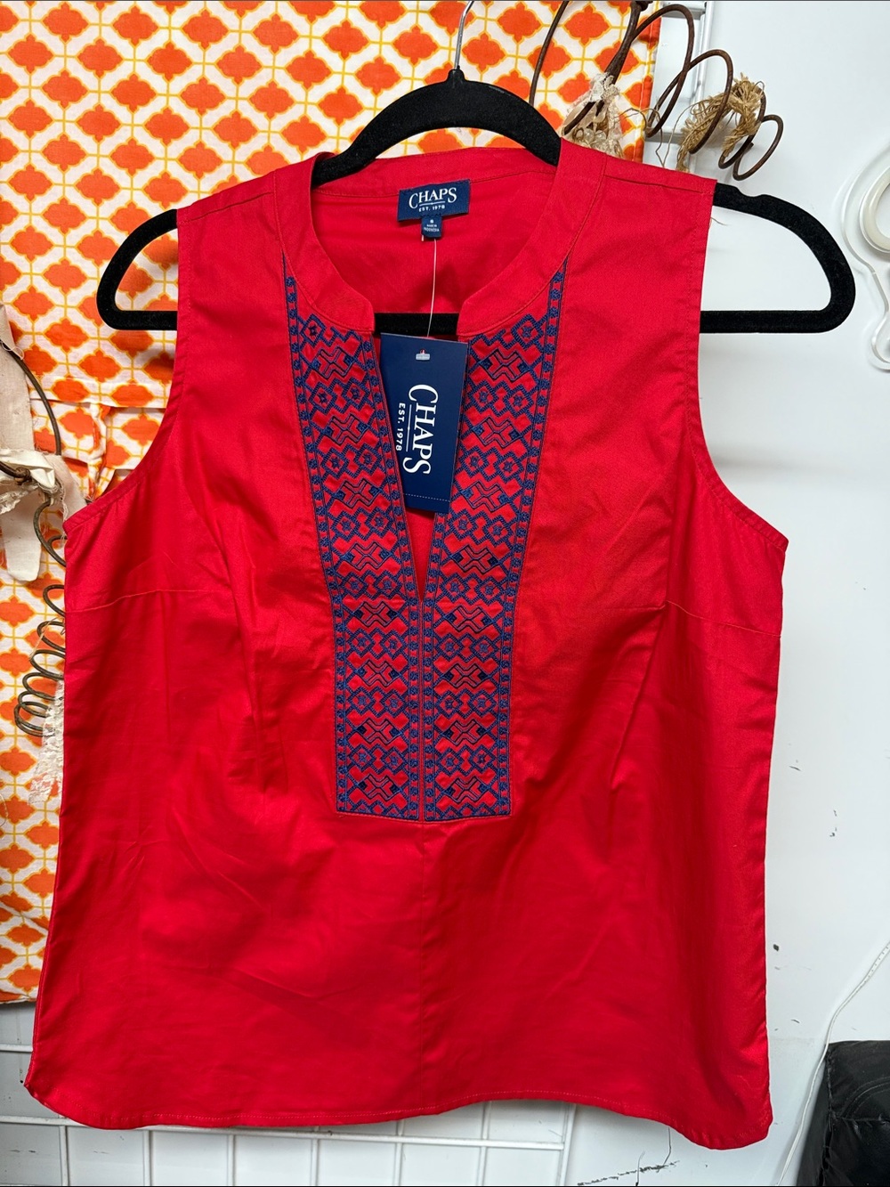 Chaps Women’s Red Sleeveless Camisole with Navy Embroidered Placket